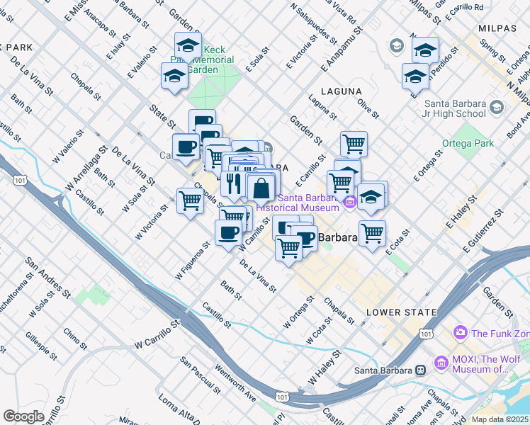 map of restaurants, bars, coffee shops, grocery stores, and more near 1027 State Street in Santa Barbara