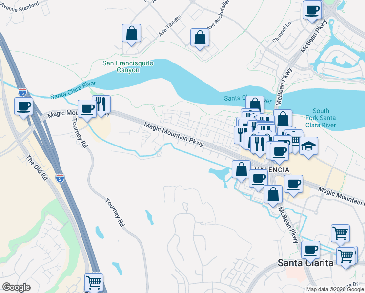 map of restaurants, bars, coffee shops, grocery stores, and more near 26803 Degas Lane in Santa Clarita