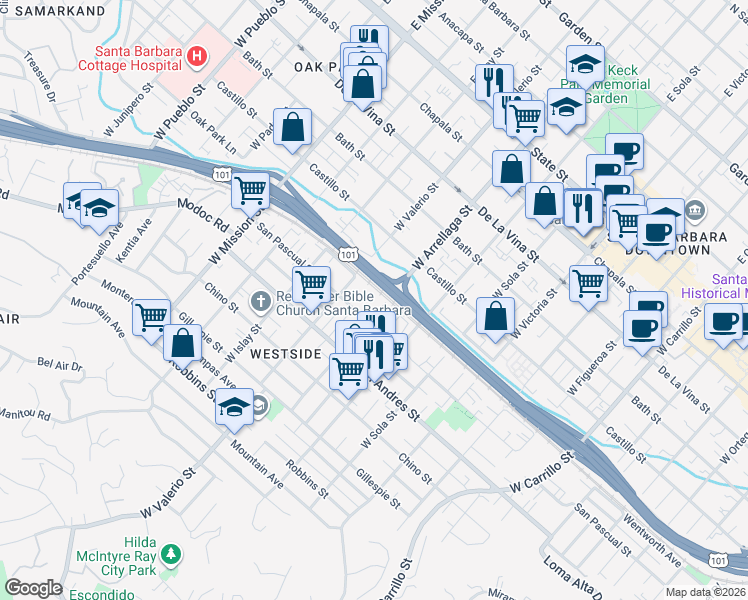 map of restaurants, bars, coffee shops, grocery stores, and more near 510 West Arrellaga Street in Santa Barbara