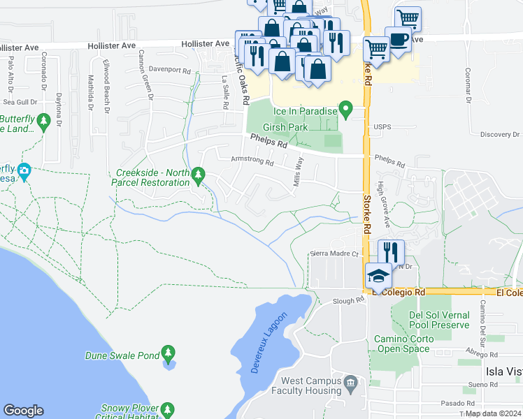 map of restaurants, bars, coffee shops, grocery stores, and more near 7038 Marymount Way in Goleta