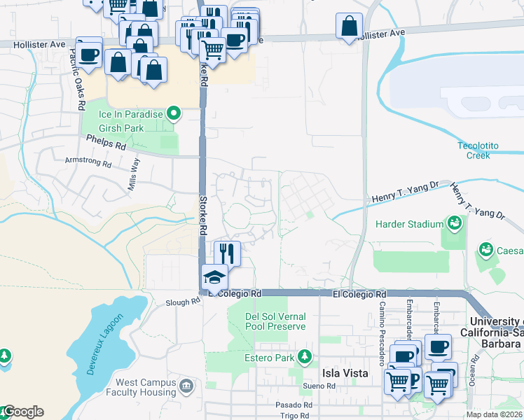 map of restaurants, bars, coffee shops, grocery stores, and more near 6822 Silkberry Lane in Goleta