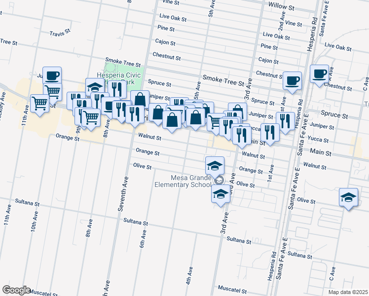 map of restaurants, bars, coffee shops, grocery stores, and more near in Hesperia