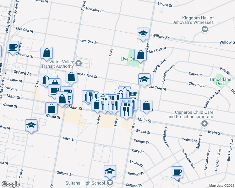 map of restaurants, bars, coffee shops, grocery stores, and more near Juniper Street in Hesperia