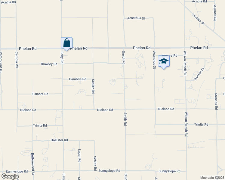 map of restaurants, bars, coffee shops, grocery stores, and more near 6084 Elsinore Road in Phelan