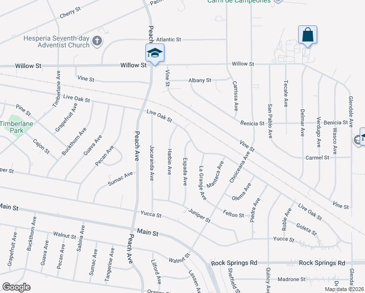 map of restaurants, bars, coffee shops, grocery stores, and more near 9370 Espada Avenue in Hesperia