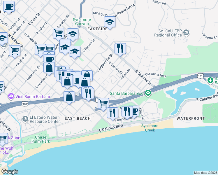 map of restaurants, bars, coffee shops, grocery stores, and more near 229 South Voluntario Street in Santa Barbara