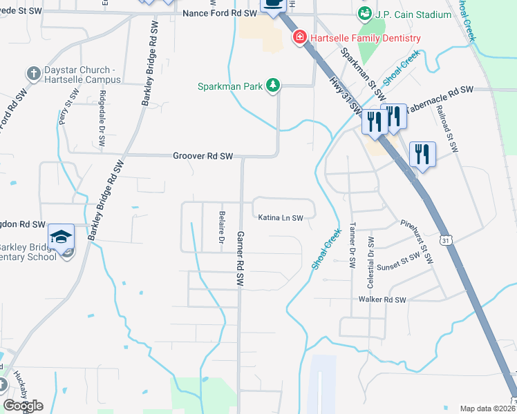 map of restaurants, bars, coffee shops, grocery stores, and more near 530 Chantels Way Southwest in Hartselle