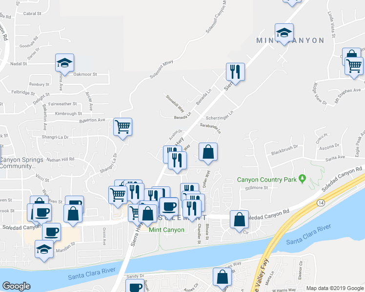 map of restaurants, bars, coffee shops, grocery stores, and more near 18146 American Beauty Drive in Santa Clarita