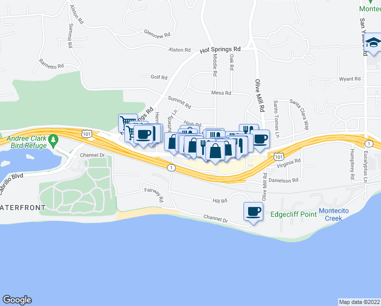 map of restaurants, bars, coffee shops, grocery stores, and more near 1169 Oriole Road in Montecito