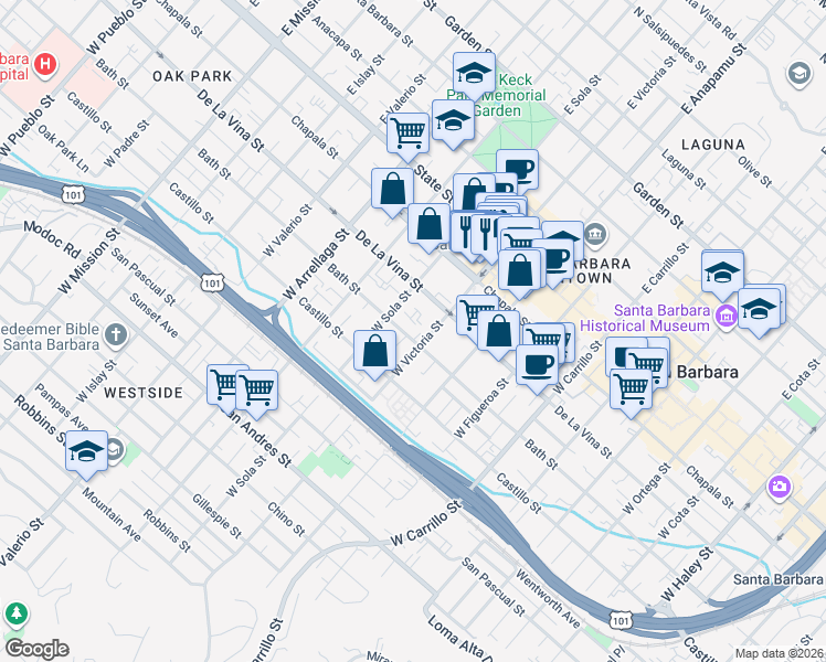 map of restaurants, bars, coffee shops, grocery stores, and more near 216 West Victoria Street in Santa Barbara