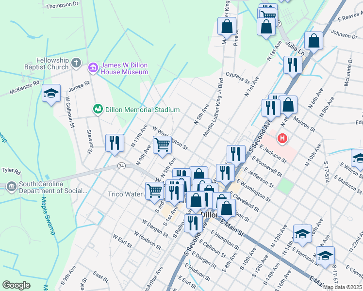 map of restaurants, bars, coffee shops, grocery stores, and more near 406 West Washington Street in Dillon