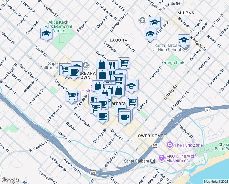 map of restaurants, bars, coffee shops, grocery stores, and more near in Santa Barbara