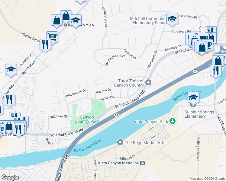 map of restaurants, bars, coffee shops, grocery stores, and more near 28024 Valcour Drive in Santa Clarita