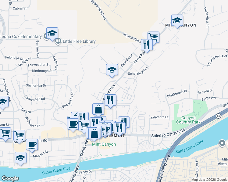 map of restaurants, bars, coffee shops, grocery stores, and more near 18146 American Beauty Drive in Santa Clarita
