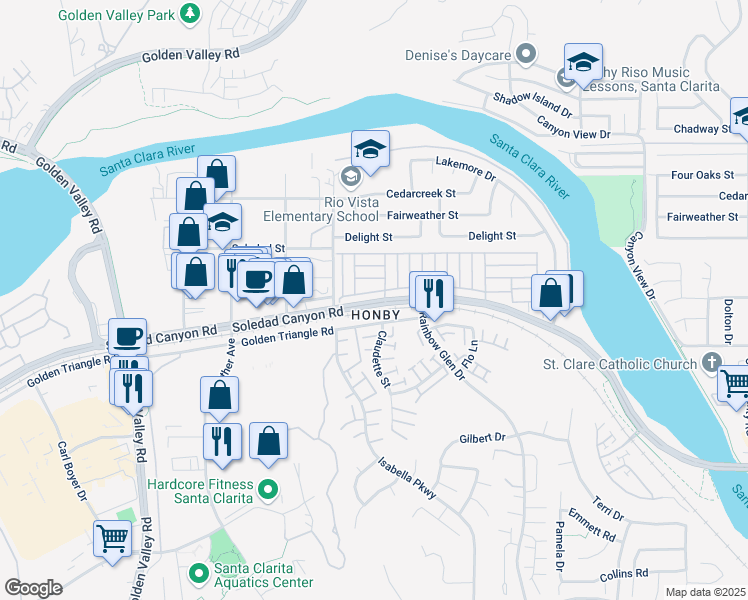 map of restaurants, bars, coffee shops, grocery stores, and more near 20453 Soledad Canyon Road in Santa Clarita
