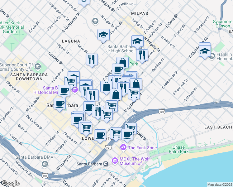 map of restaurants, bars, coffee shops, grocery stores, and more near 520 Laguna Street in Santa Barbara