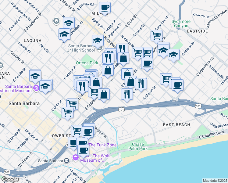 map of restaurants, bars, coffee shops, grocery stores, and more near 312 North Calle Cesar Chavez in Santa Barbara