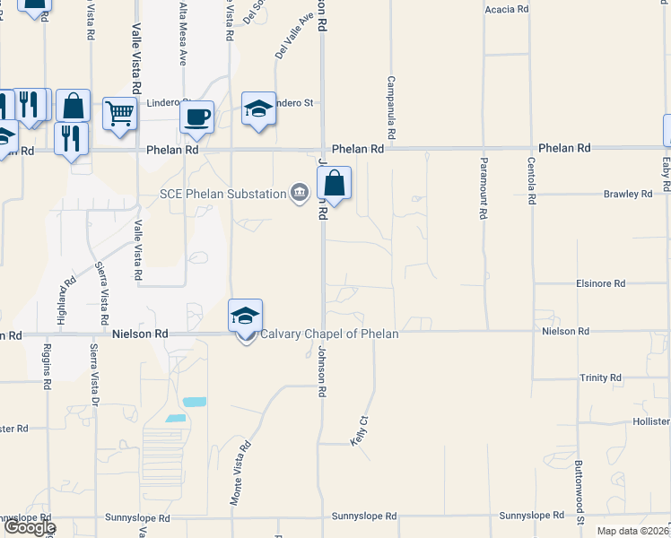map of restaurants, bars, coffee shops, grocery stores, and more near 9425 Johnson Road in Phelan