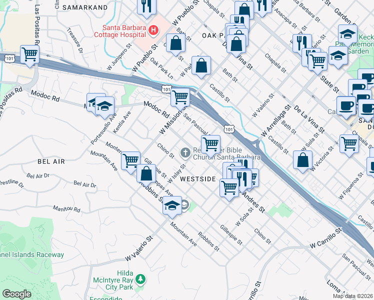 map of restaurants, bars, coffee shops, grocery stores, and more near 1819 San Andres Street in Santa Barbara