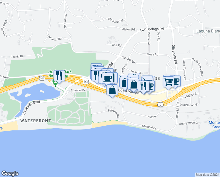 map of restaurants, bars, coffee shops, grocery stores, and more near 1062 Coast Village Road in Santa Barbara