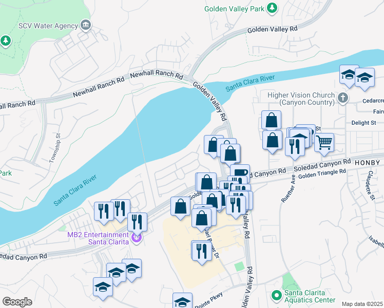 map of restaurants, bars, coffee shops, grocery stores, and more near 21212 Seep Willow Way in Santa Clarita