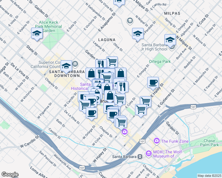 map of restaurants, bars, coffee shops, grocery stores, and more near 811 Santa Barbara Street in Santa Barbara