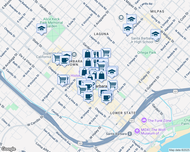 map of restaurants, bars, coffee shops, grocery stores, and more near 836 Anacapa Street in Santa Barbara