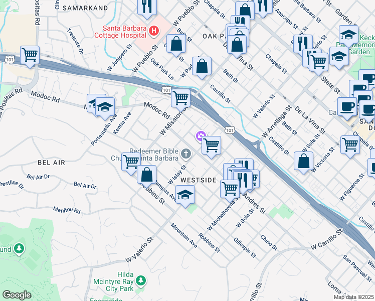 map of restaurants, bars, coffee shops, grocery stores, and more near 1819 San Andres Street in Santa Barbara