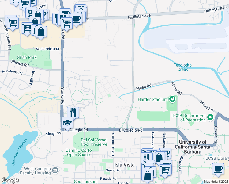 map of restaurants, bars, coffee shops, grocery stores, and more near 700-776 Juniper Walk in Isla Vista