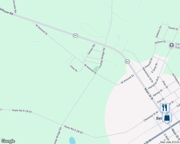 map of restaurants, bars, coffee shops, grocery stores, and more near 411 West Inwood Street in Bethune