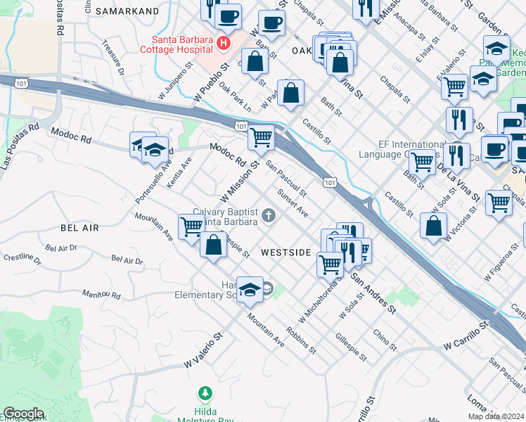 map of restaurants, bars, coffee shops, grocery stores, and more near 1819 San Andres Street in Santa Barbara