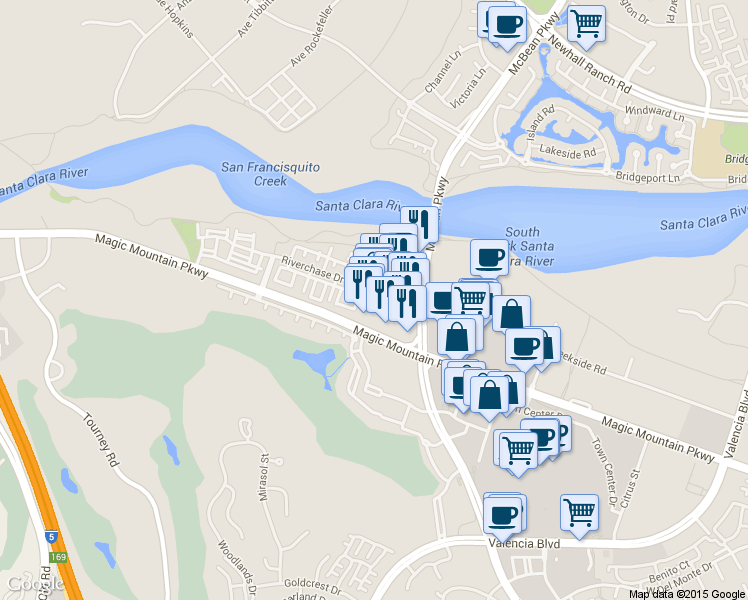 map of restaurants, bars, coffee shops, grocery stores, and more near 27047 McBean Parkway in Santa Clarita