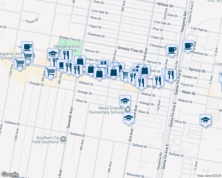 map of restaurants, bars, coffee shops, grocery stores, and more near Walnut Street in Hesperia