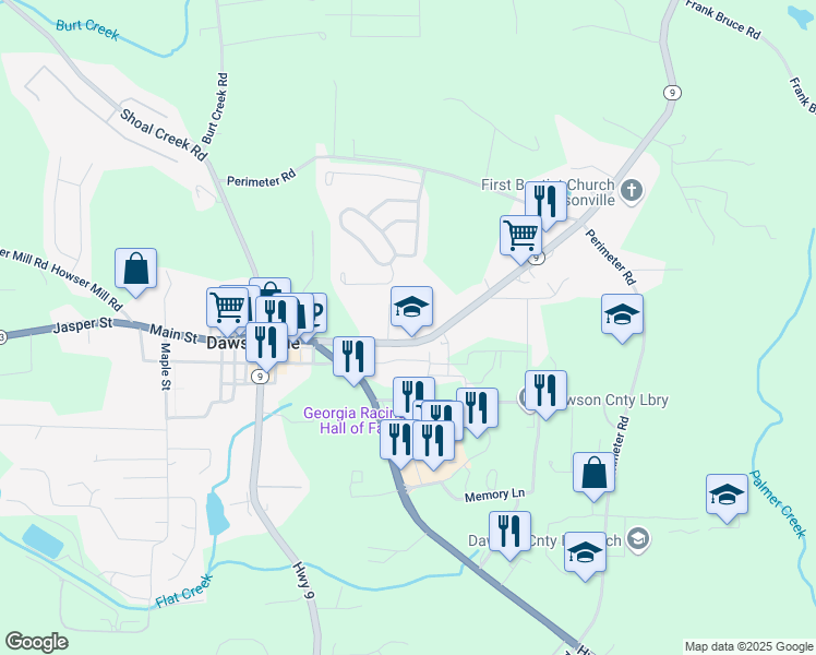 map of restaurants, bars, coffee shops, grocery stores, and more near 41 Fausett Lane in Dawsonville