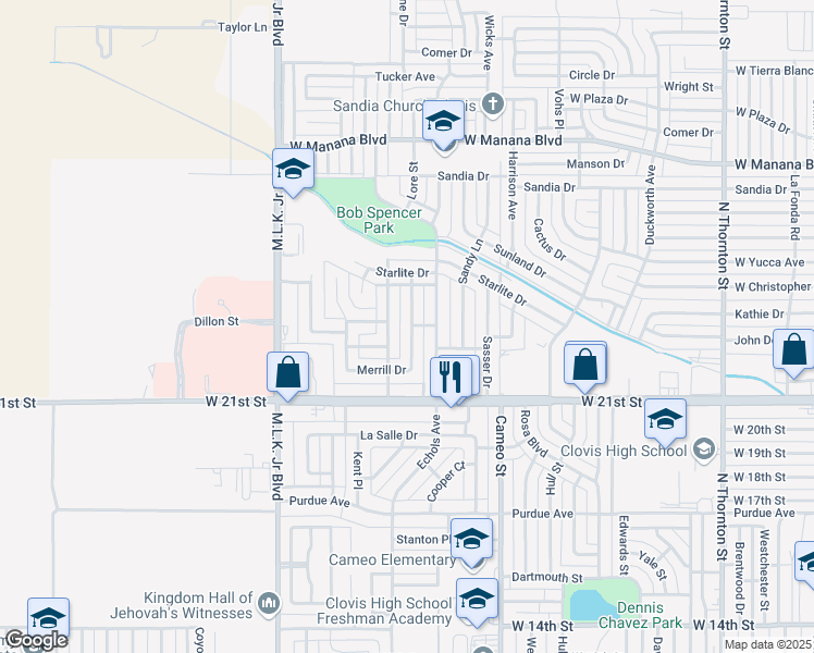 map of restaurants, bars, coffee shops, grocery stores, and more near 128 Merrill Drive in Clovis