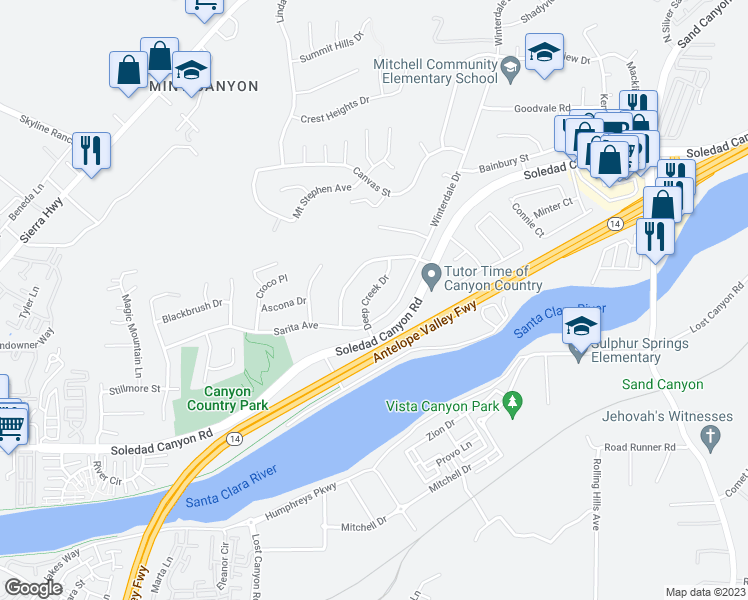 map of restaurants, bars, coffee shops, grocery stores, and more near 28042 Deep Creek Drive in Santa Clarita