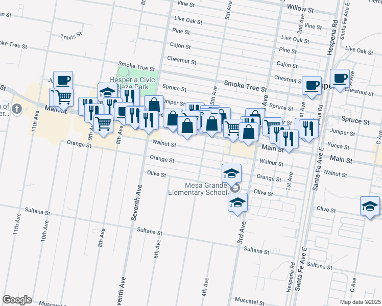map of restaurants, bars, coffee shops, grocery stores, and more near Orange Street in Hesperia