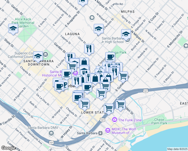 map of restaurants, bars, coffee shops, grocery stores, and more near 630 Garden Street in Santa Barbara