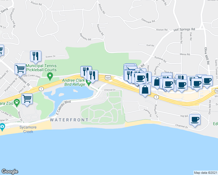 map of restaurants, bars, coffee shops, grocery stores, and more near 1 Hot Springs Road in Santa Barbara