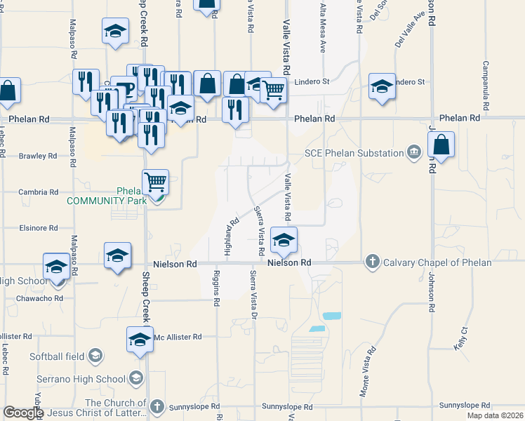 map of restaurants, bars, coffee shops, grocery stores, and more near 4410 Sierra Vista Drive in Phelan
