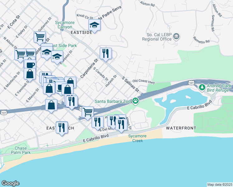 map of restaurants, bars, coffee shops, grocery stores, and more near 1225 Punta Gorda Street in Santa Barbara