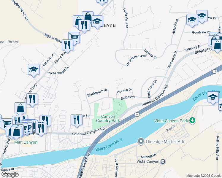 map of restaurants, bars, coffee shops, grocery stores, and more near 28034 Parkridge Lane in Santa Clarita