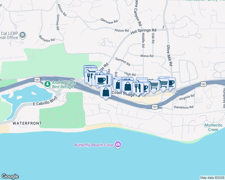 map of restaurants, bars, coffee shops, grocery stores, and more near 110 Hermosillo Road in Montecito