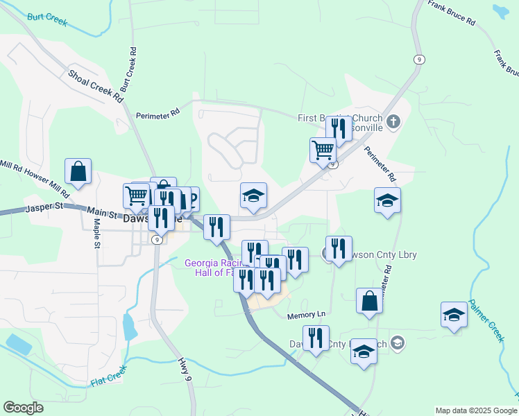 map of restaurants, bars, coffee shops, grocery stores, and more near 40 Fausett Lane in Dawsonville