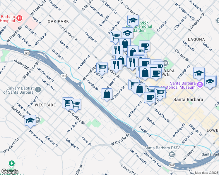 map of restaurants, bars, coffee shops, grocery stores, and more near 1335 Bath Street in Santa Barbara