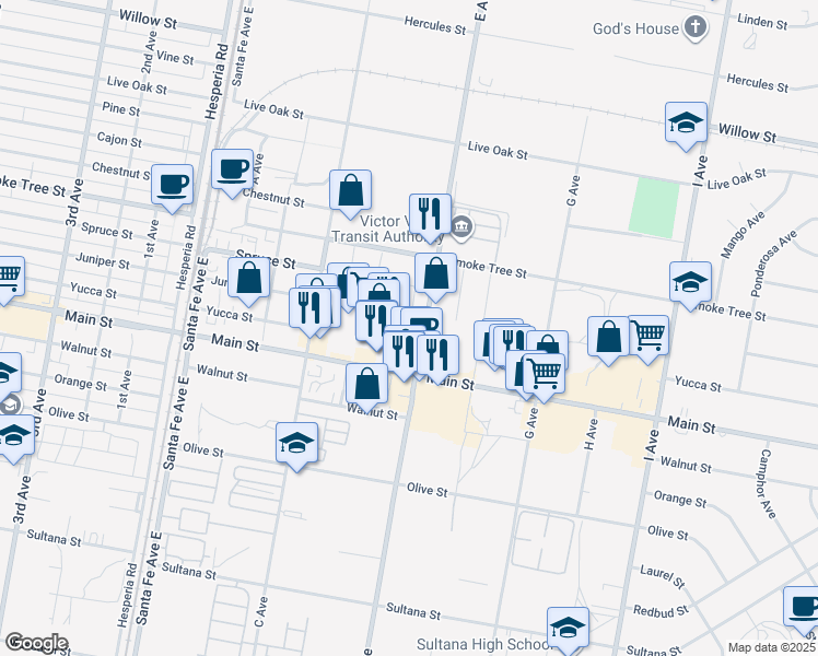 map of restaurants, bars, coffee shops, grocery stores, and more near 16968 Main Street in Hesperia