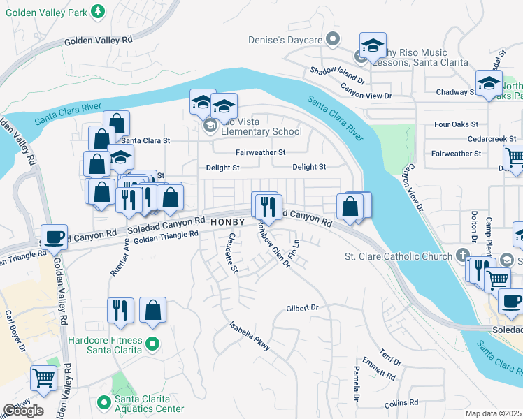 map of restaurants, bars, coffee shops, grocery stores, and more near 20401 Soledad Canyon Road in Santa Clarita