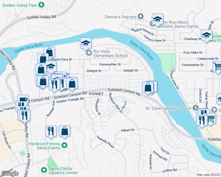 map of restaurants, bars, coffee shops, grocery stores, and more near 20401 Soledad Canyon Road in Santa Clarita