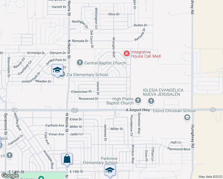 map of restaurants, bars, coffee shops, grocery stores, and more near 504 Chanticleer Place in Clovis