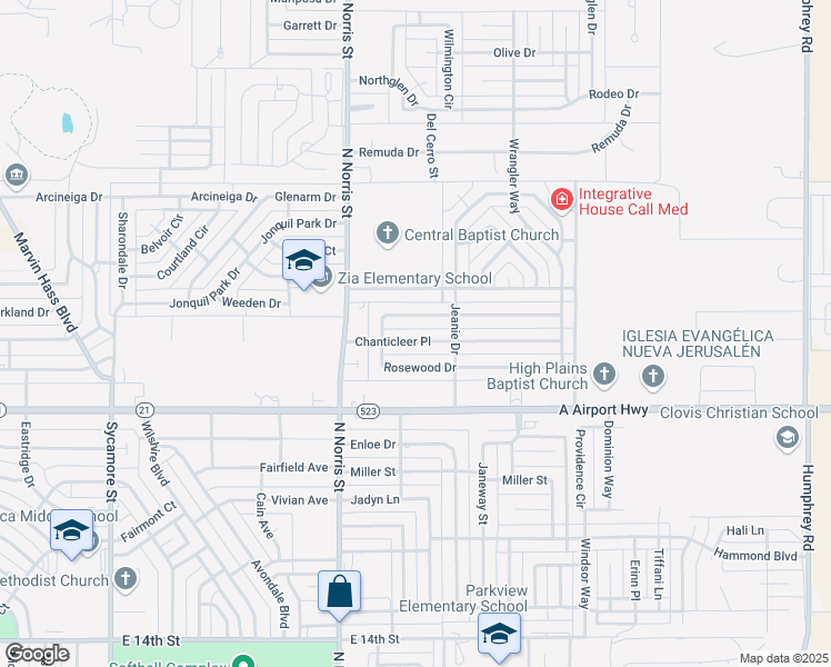 map of restaurants, bars, coffee shops, grocery stores, and more near 216 Chanticleer Place in Clovis